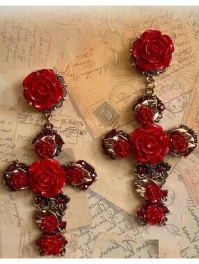 Red Rose Floral Cross Drop Earrings Gothic Romance Rhinestone Dangle